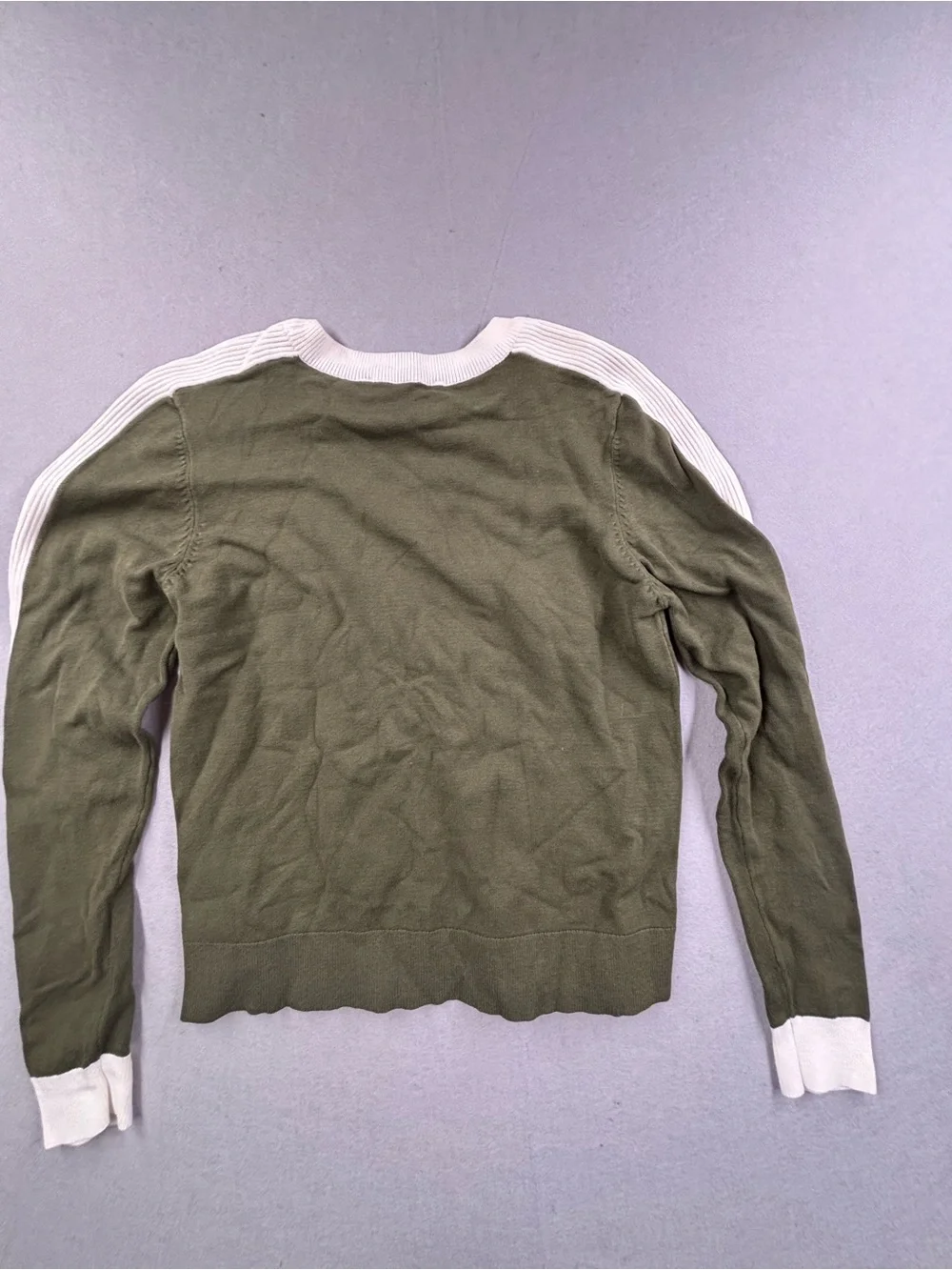Zara Olive Green Crewneck Sweater with Cream Sleeve‎ Stripes